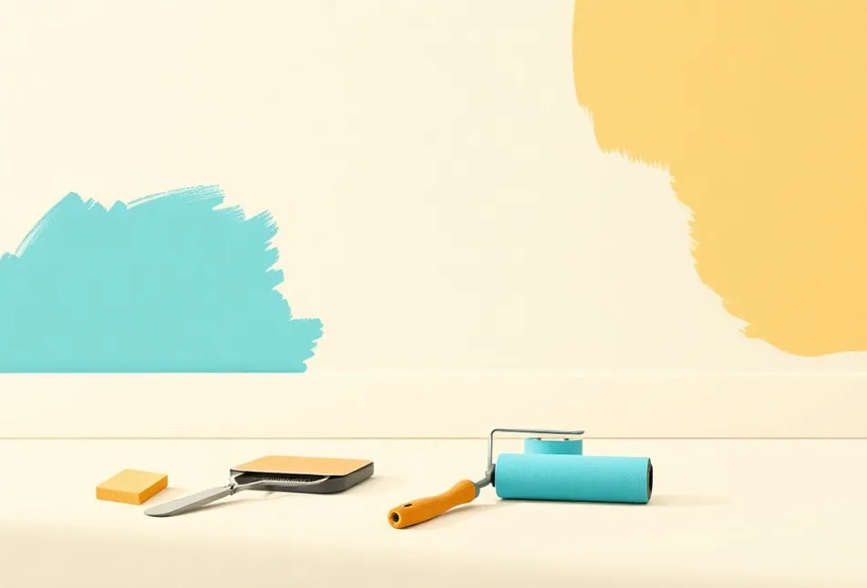 Outils de peinture disposés dans l'ordre des étapes du chantier
