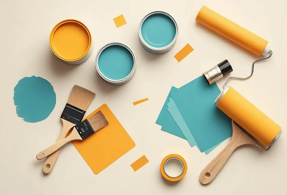 Pots de peinture, nuancier, brosses et rouleaux disposés à plat