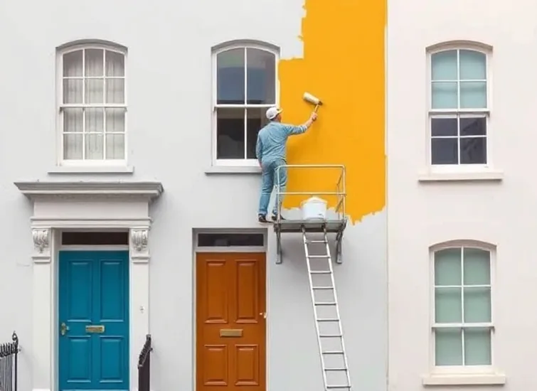 Peintre sur échafaudage traitant la façade d'une maison